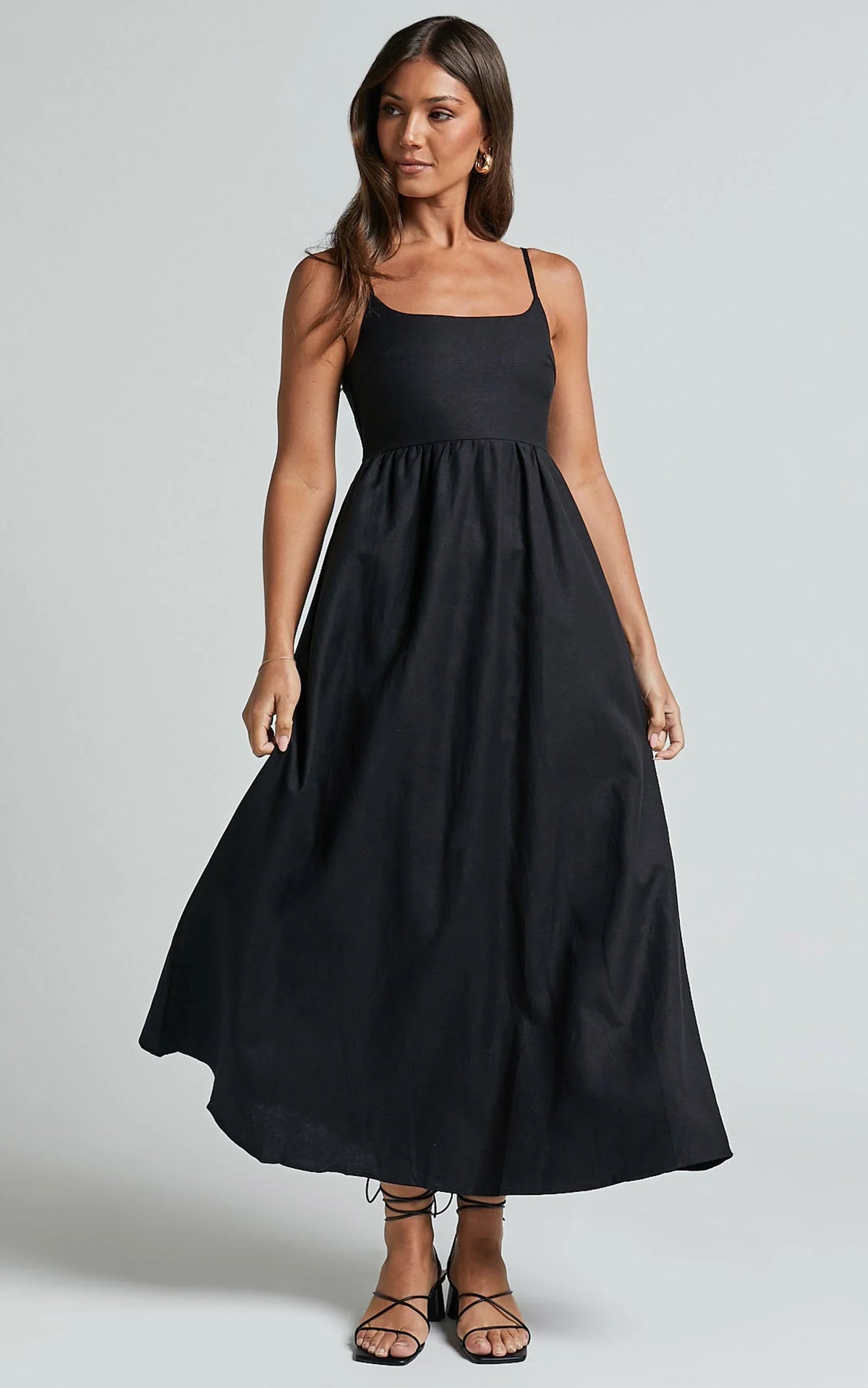 Kayrie Midi Dress - Strappy A Line Linen in Black