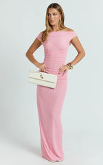 Harrison Maxi Dress - Off Shoulder Ruche Wide Waistband Long Skirt Mesh Dress in Pink
