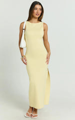 Perrie Midi Dress - High Neck Sleeveless Scoop Back Fitted Leg Split Skirt Dress in Lemon