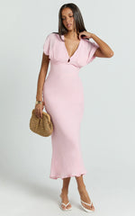 Desiree Midi Dress - V Neck Flutter Short Sleeve Slip Dress in Pink