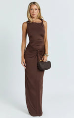 Ginny Maxi Dress - Jersey Ruched V Waist Dress in Chocolate