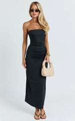 Natasha Midi Dress - Strapless Ruched Column Dress in Black