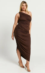 Lovlin Midi Dress - One Shoulder Ruched Dress in Chocolate