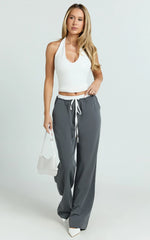 Maliha Pants - Mid Rise Contrast Elasticated Drawstring Wide Leg Tailored Pants in Charcoal