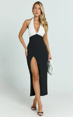 Kaitlin Midi Dress - Contrast Halter Plunge Tie Back Fitted Dress in Black