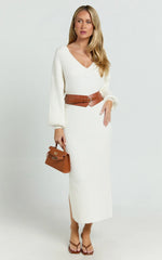 Kartia Midi Dress - V Neck Knit Dress in Off White