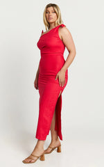 Cincinnati Midi Dress - Off The Shoulder Side Split Column Linen Dress in Red