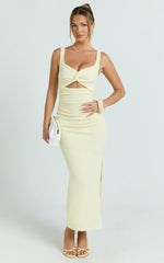 Bianca Midi Dress - Twist Front Cut Out Ruched Dress in Lemon