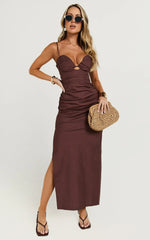 Nicoletta Midi Dress - Sweetheart Back Tie Gathered Dress in Chocolate