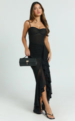 Brionna Midi Dress - Lace Neck Ruched Ruffle Hem Dress in Black