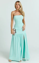 Cardi Maxi Dress - Ruched Mesh High Leg Split Dress in Mint