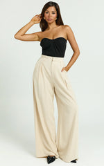 Hermione Linen Blend Pants - High Waist Wide Leg Pleated Palazzo Pants in Natural