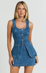 Raquel Top - Denim Scoop Neck Button Down Vest in Dark Blue Wash