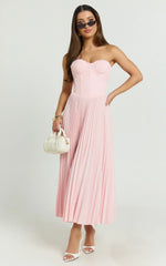 Loretta Midi Dress - Lace Up Back Bustier Pleated Dress in Soft Pink