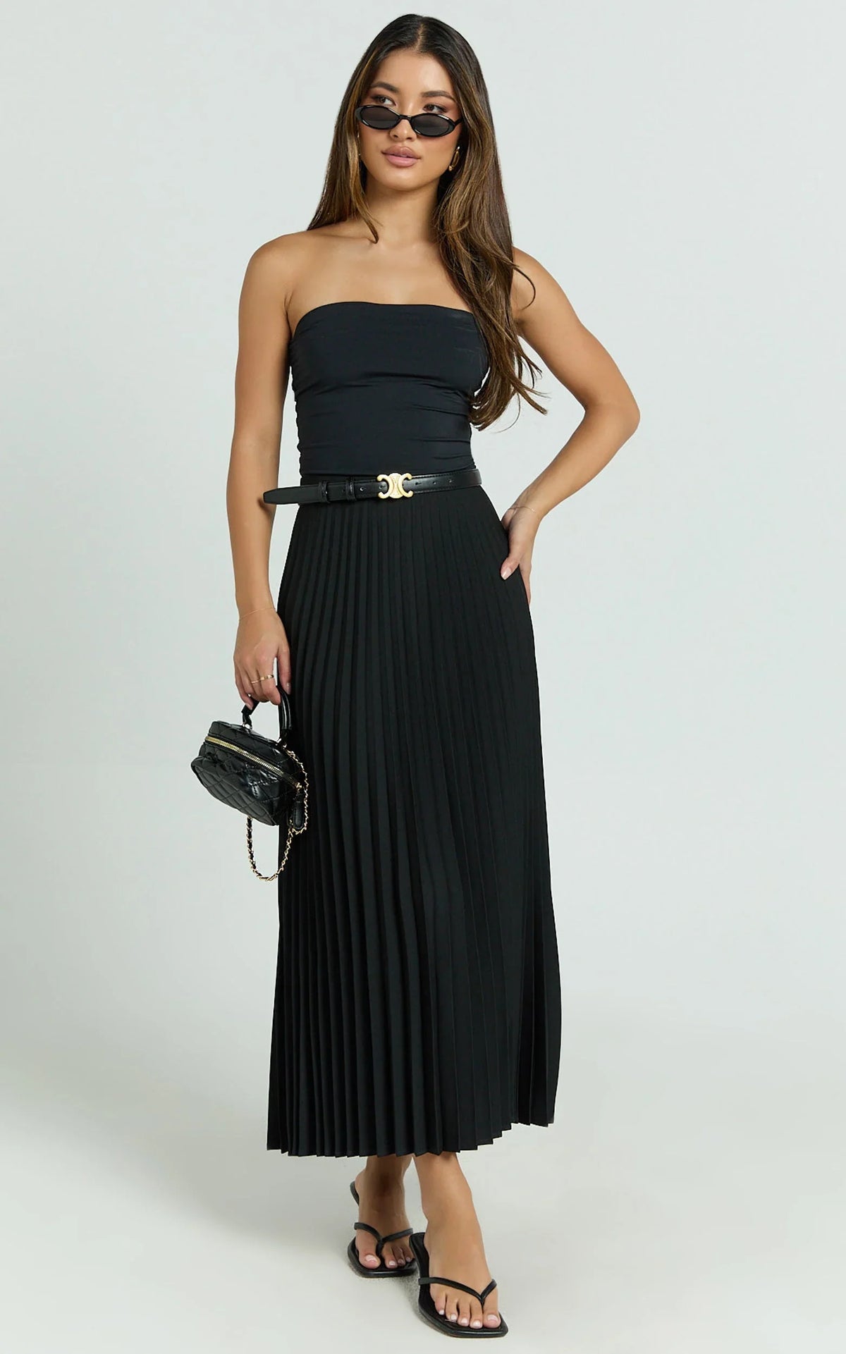 Harlee Midi Skirt - Pleated High Waist A Line Skirt in Black