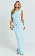 Ginny Maxi Dress - Jersey Ruched V Waist Dress in Blue