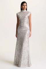 Cecy | Silver Sequin High-Neck Maxi Dress With Cap Sleeves