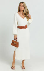 Kartia Midi Dress - V Neck Knit Dress in Off White