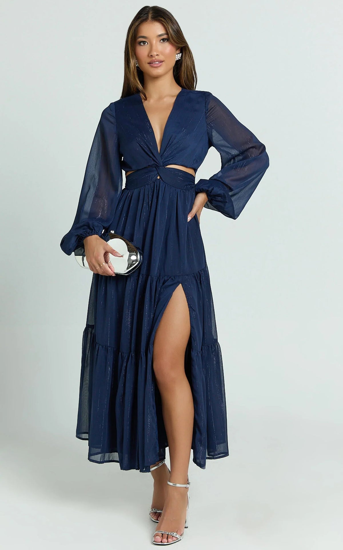 Edelyn Midi Dress - Cut Out Balloon Sleeve Tiered Dress in Navy