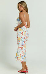 Mikayla Midi Dress - Linen Scoop Neck Ruched Bust Corset Waist Bias Skirt Dress in Pomodoro Paradise Print