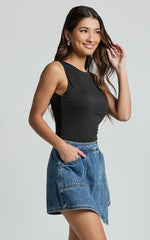 Harleigh Skort - Pocket Detail Wrap Denim Skort in Dark Blue Wash