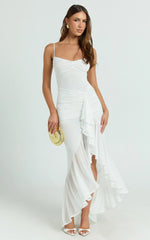 Brionna Midi Dress - Lace Neck Ruched Ruffle Hem Dress in White