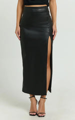 Gertrude Midi Skirt - Faux Leather High Waisted Fitted Leg Split Skirt in Black