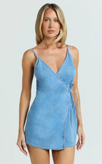 Ramira Mini Dress - Denim Halter Neck Wrap Tie Mini Dress in Light Blue Wash
