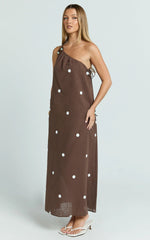 Gia Midi Dress - One Shoulder Dress in Chocolate Polka Dot