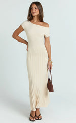 Jadey Midi Dress - Cap Sleeve Pleated Dress in Bone