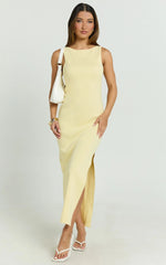 Perrie Midi Dress - High Neck Sleeveless Scoop Back Fitted Leg Split Skirt Dress in Lemon