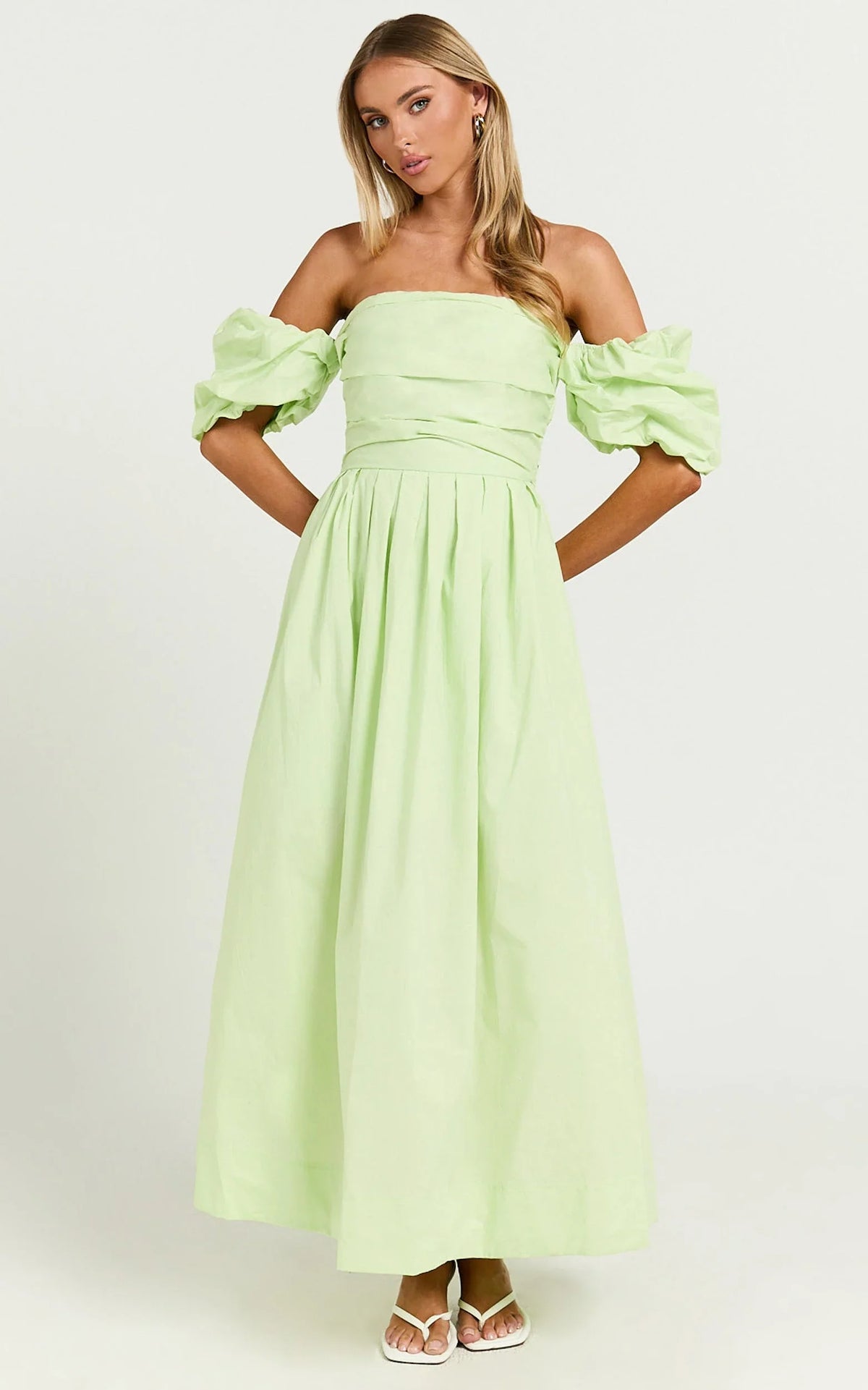 Annie Midi Dress - Off The Shoulder Ruffle Sleeve Pleated Dress in Lime