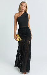 Candice Maxi Dress - Lace Contrast Georgette Dress in Black
