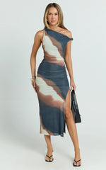 Nenita Midi Dress - One Shoulder Mesh Dress in Rust Print