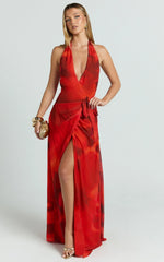 Eva Maxi Dress - Plunge Halter Wrap Dress in Abstract Adeana Print