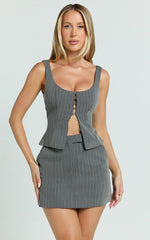 Fiona Mini Skort - Pinstripe Waistband Fly Front Fitted Skirt in Dark Grey