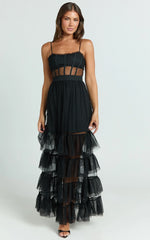 Evelynn Midi Dress - Sweetheart Corset Bodice Fit & Flare Tiered in Black
