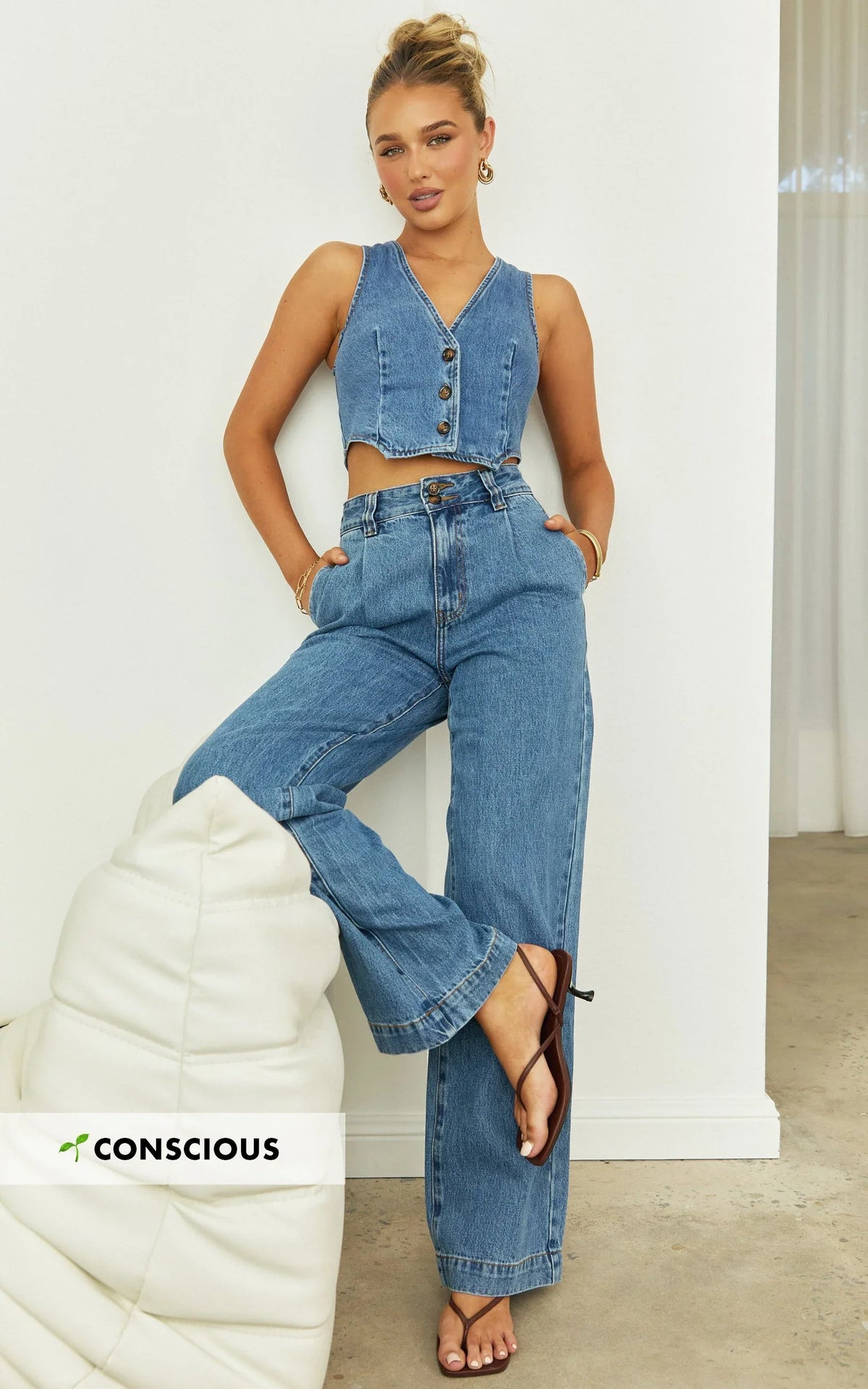 Fergie Jeans - Denim High Waisted Straight Leg Denim Jeans in Mid Blue Wash