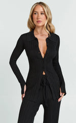 Kelsey Top - Button Through Long Sleeve Knitted Top in Black