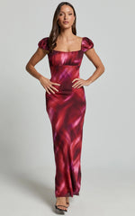 Avril Midi Dress - Recycled Puff Sleeve Empire Slip Dress in Tequila Sunset Print