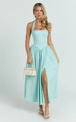 Helda Midi Dress - Halter Tie Neck Corset Panel Dress in Mint