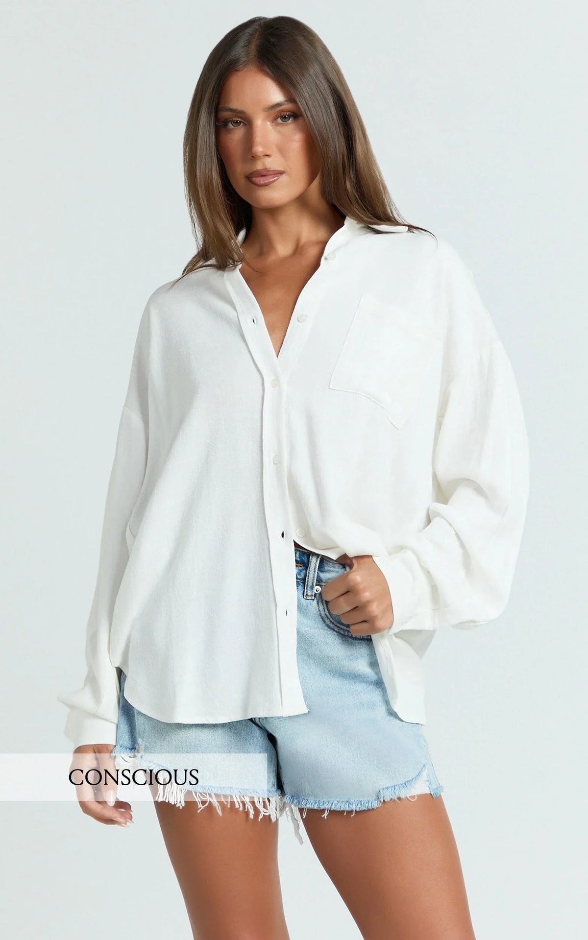 Leanne Top - Button Down Linen Blend Long Sleeve Shirt in White