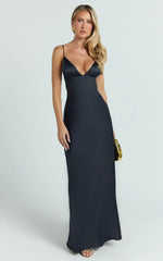 Cariela Midi Dress - Plunge Neck Satin Dress in Navy