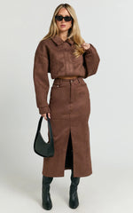 Nessa Midi Skirt - High Waisted Fitted Suede Skirt in Dark Chestnut