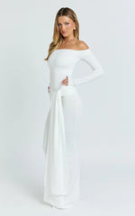 Judith Maxi Dress - Boat Neck Backless Tie Front Long Sleeve Jersey Dress in Cream