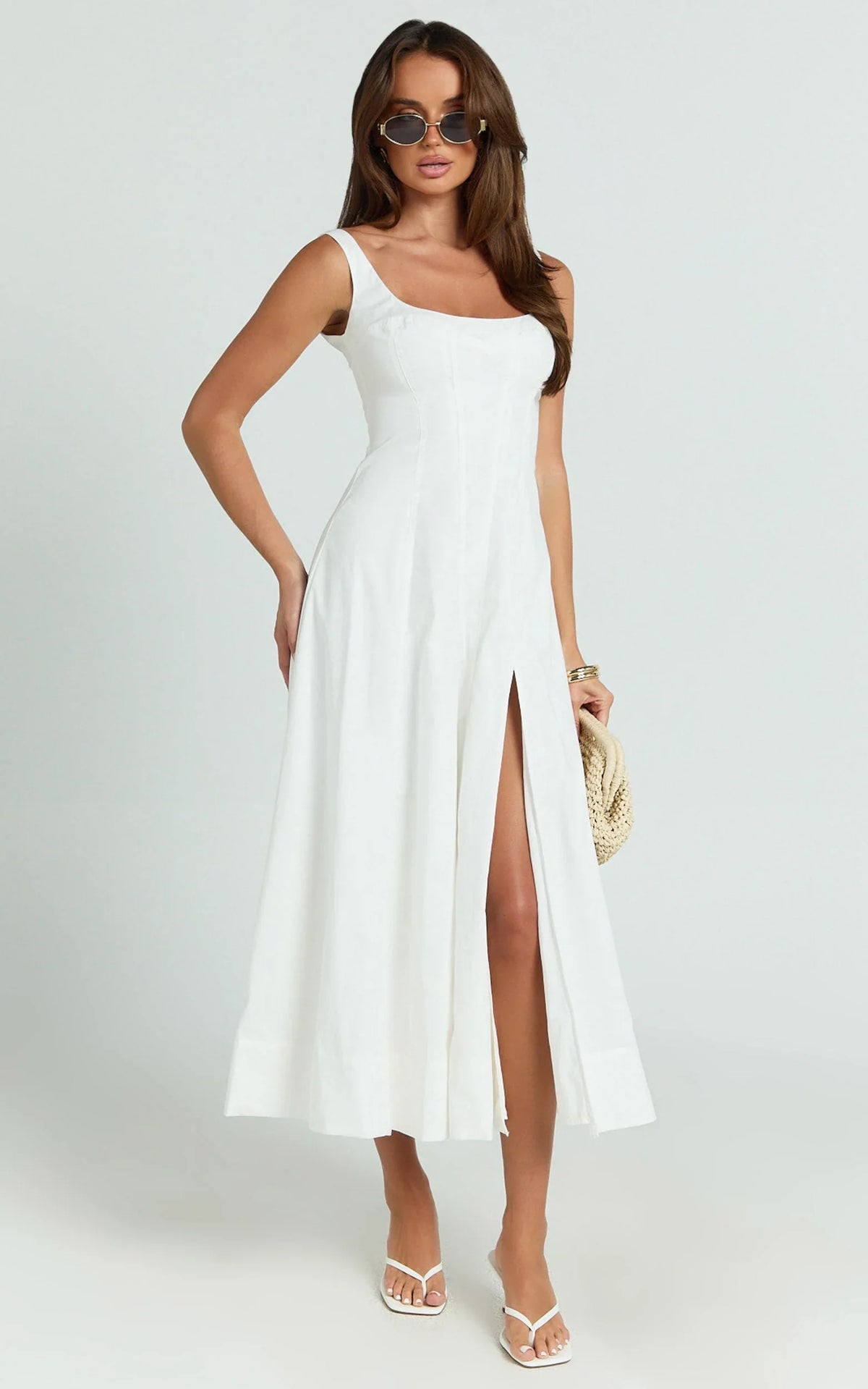 Kristi Midi Dress - Scoop Neck Fit And Flare Dress in Off White