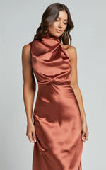 Minnie Midi Dress - Drape Neck Satin Slip Dress in Copper