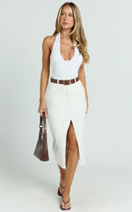 Janeve Midi Skirt - Front Split Denim Skirt in Ecru