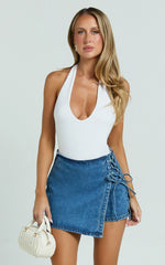 Ronnie Skort - Mid Waist Lace Up Denim Skort in Dark Blue Wash