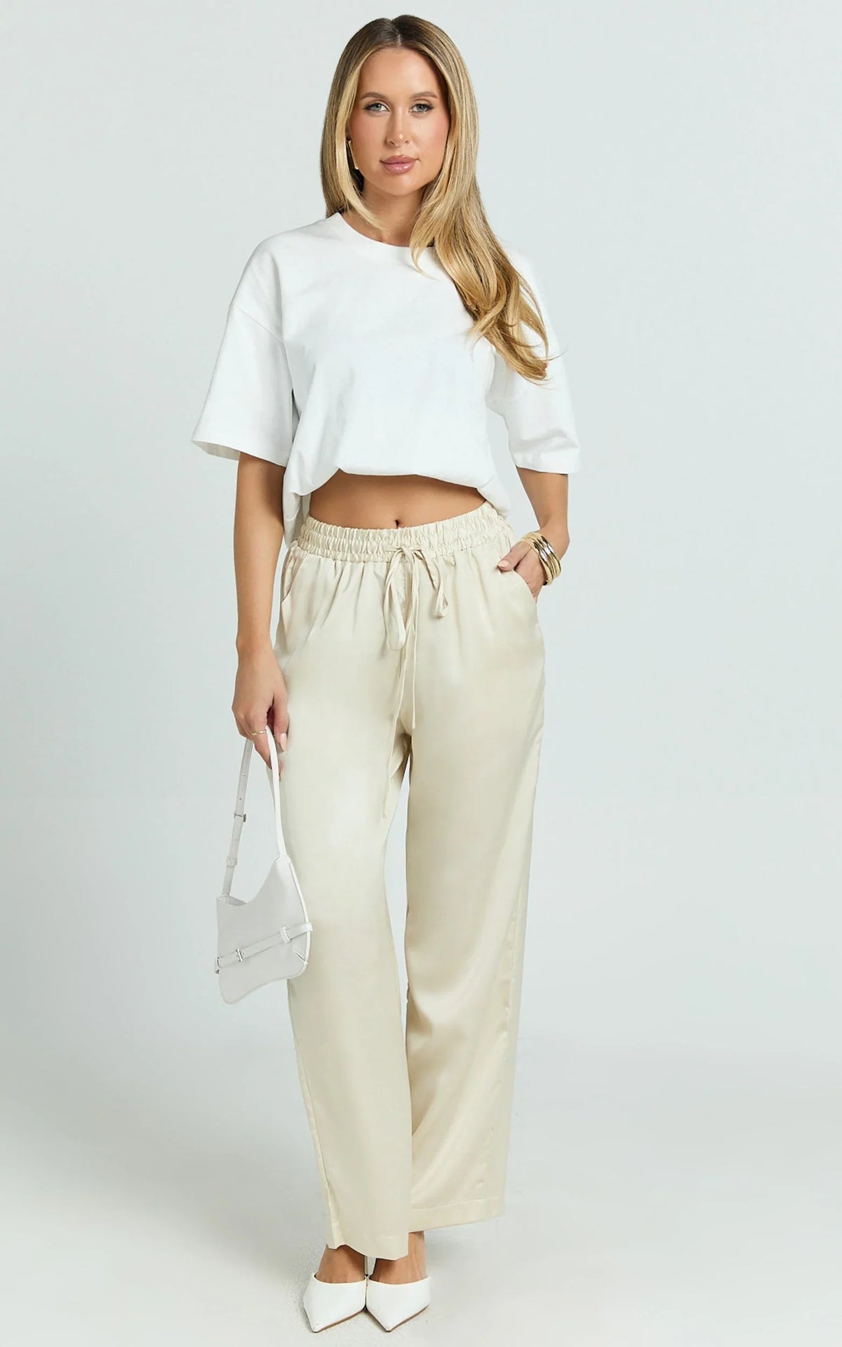 Jinky Pants - Satin Drawstring Pants in Off White